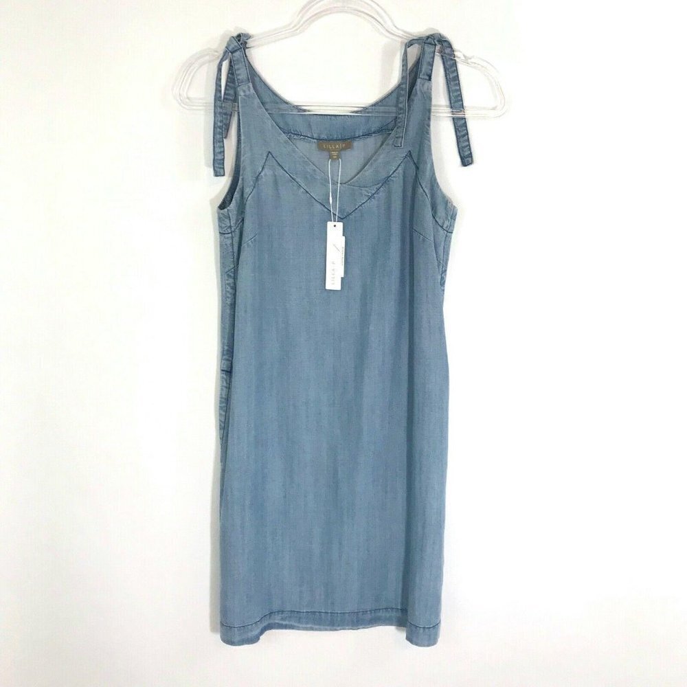 Lilla P Dress Women XS Chambray Sleeveless Tie Shoulder NWT V-Neck Pockets